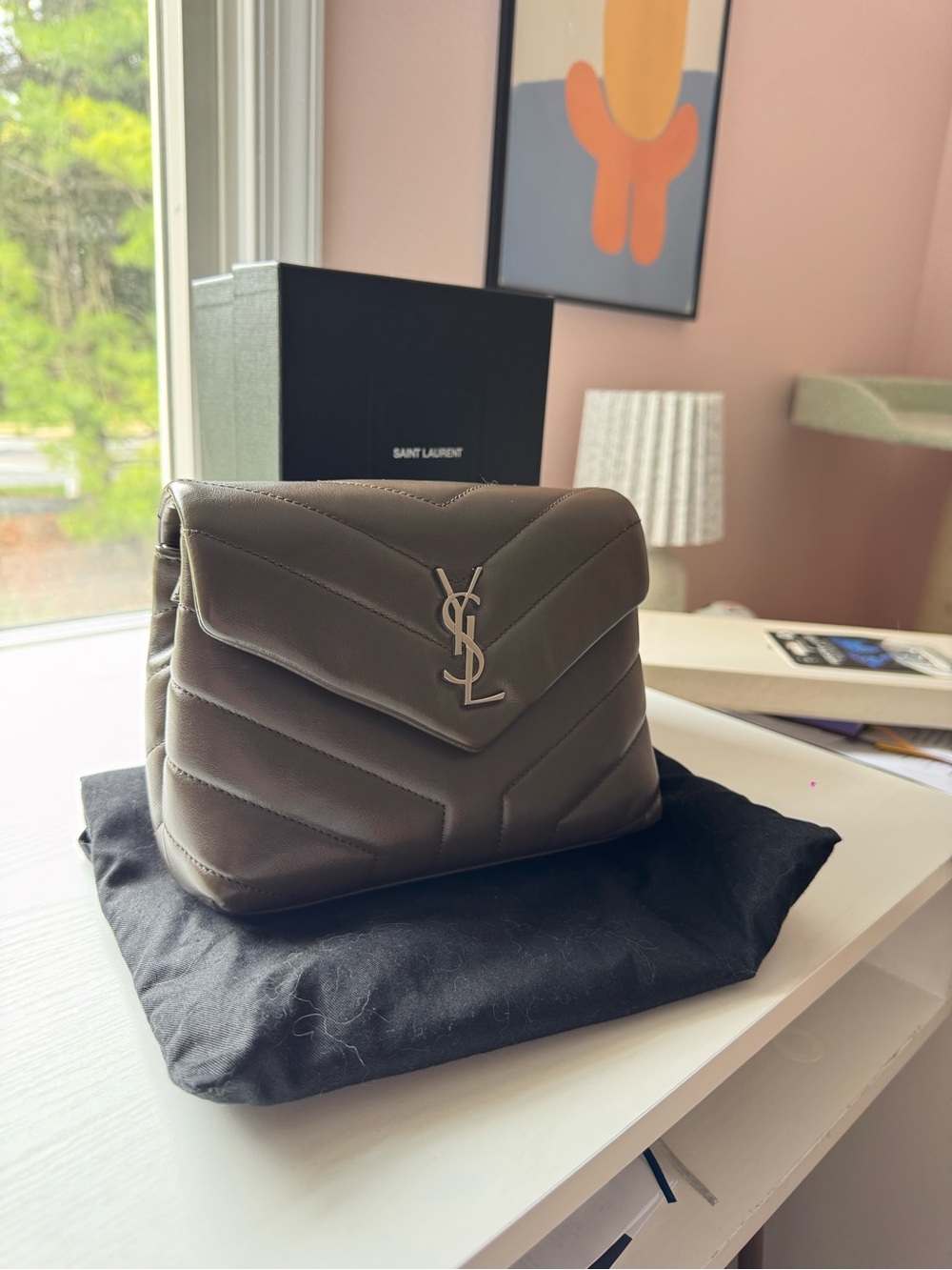 Saint Laurent Chevron Quilted Shoulder Bag in Olive